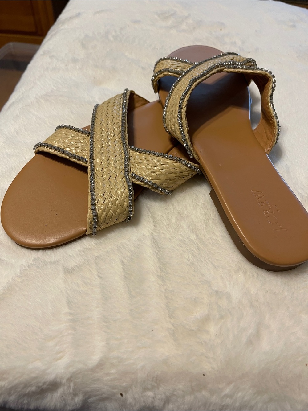 J. Crew Natural Woven Crisscross Slide Sandals with Metallic Trim